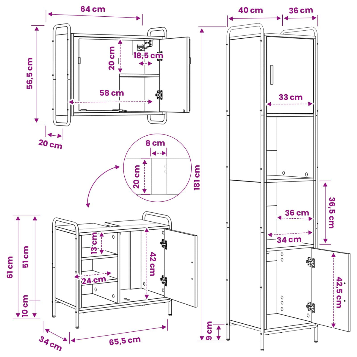 Set ormarića za kupaonicu 3 kom. Crni hrast 40 x 36 x 181 cm