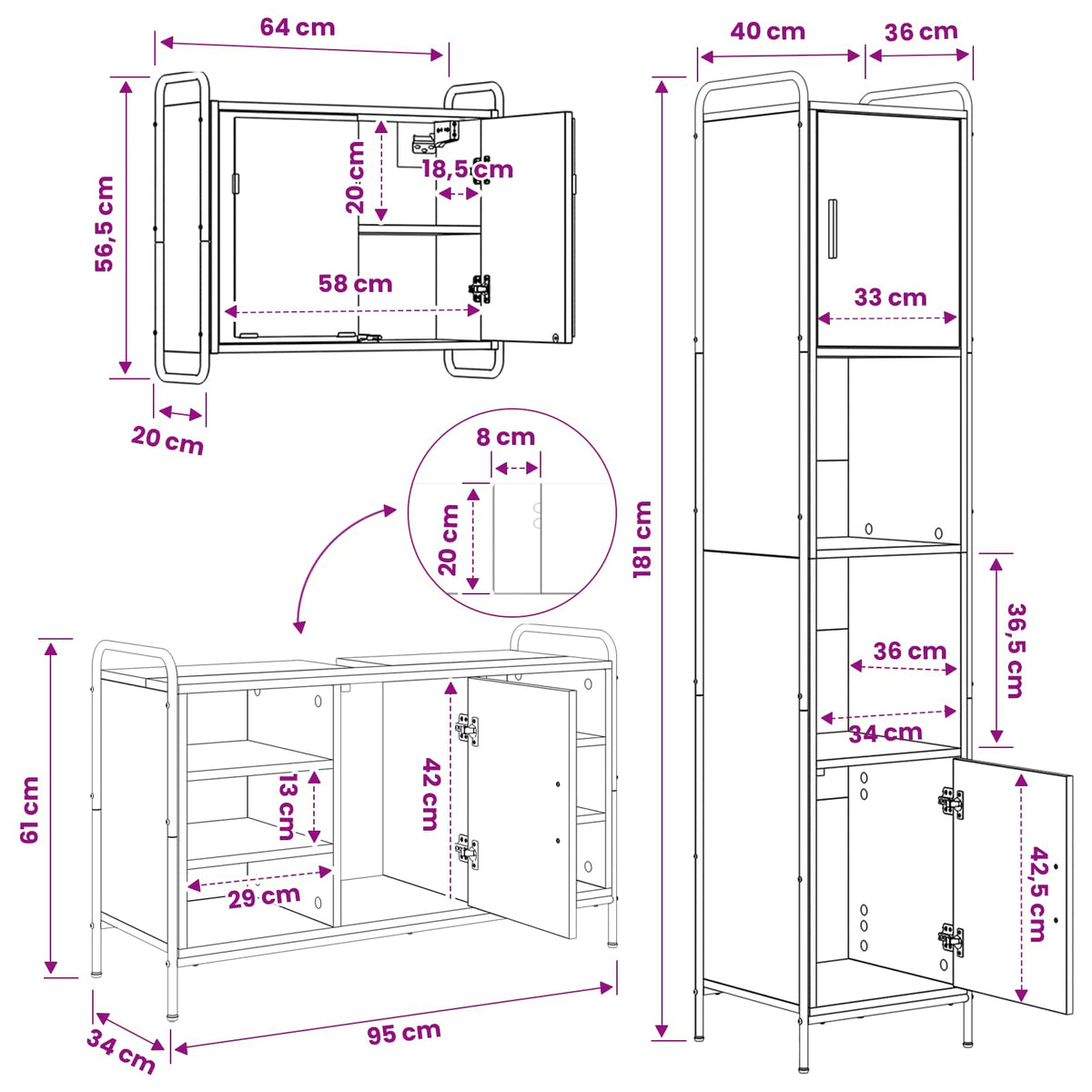 Set ormarića za kupaonicu 3 kom. Siva Sonoma 40 x 36 x 181 cm
