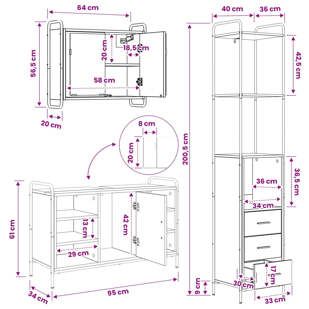Set ormarića za kupaonicu 3 kom. Siva Sonoma 40 x 36 x 200,5 cm