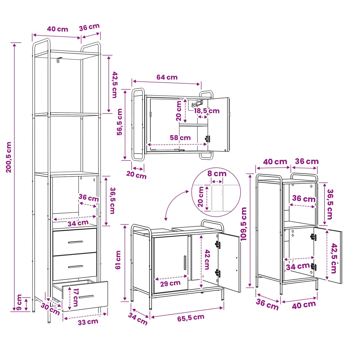 Set ormarića za kupaonicu 4 kom. Crni hrast 40 x 36 x 200,5 cm