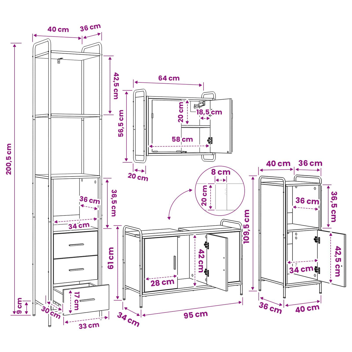 Set ormarića za kupaonicu 4 kom. Siva Sonoma 40 x 36 x 200,5 cm