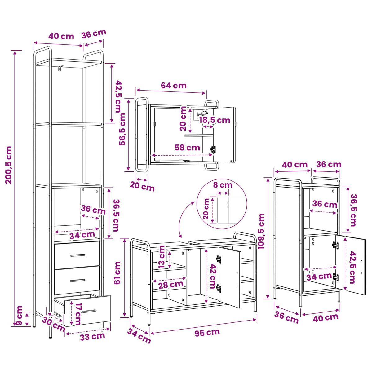 Set ormarića za kupaonicu 4 kom. Siva Sonoma 40 x 36 x 200,5 cm