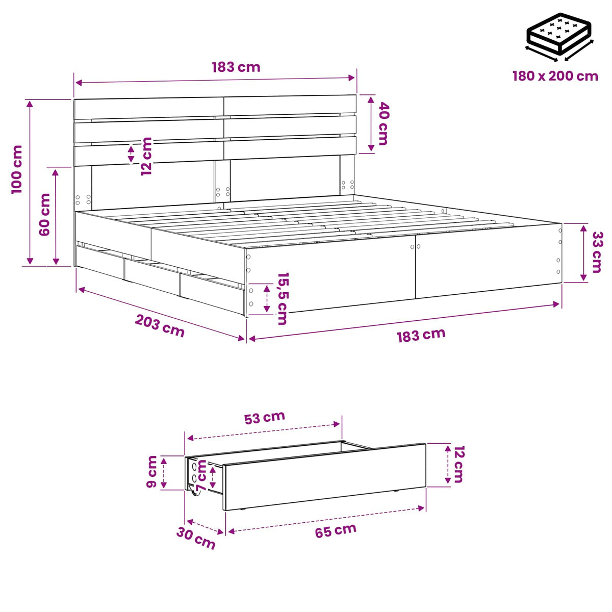 Bed Frame with Storage and Headboard Artisan Oak 180 x 200 cm