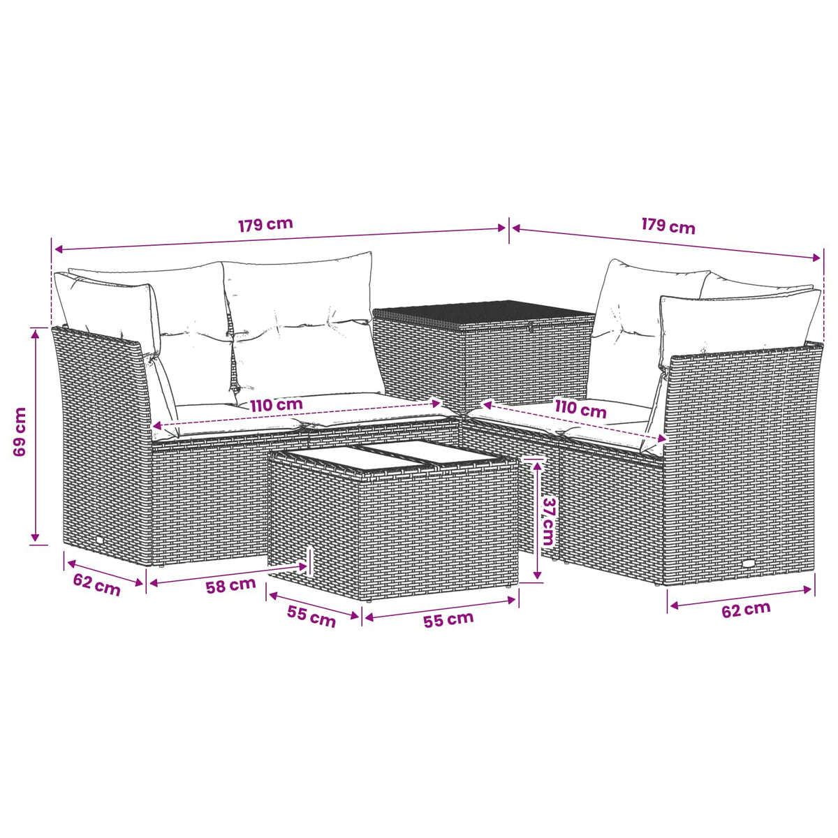 Set sofe 6 kom. Crna i Plava 55 x 55 x 37 cm