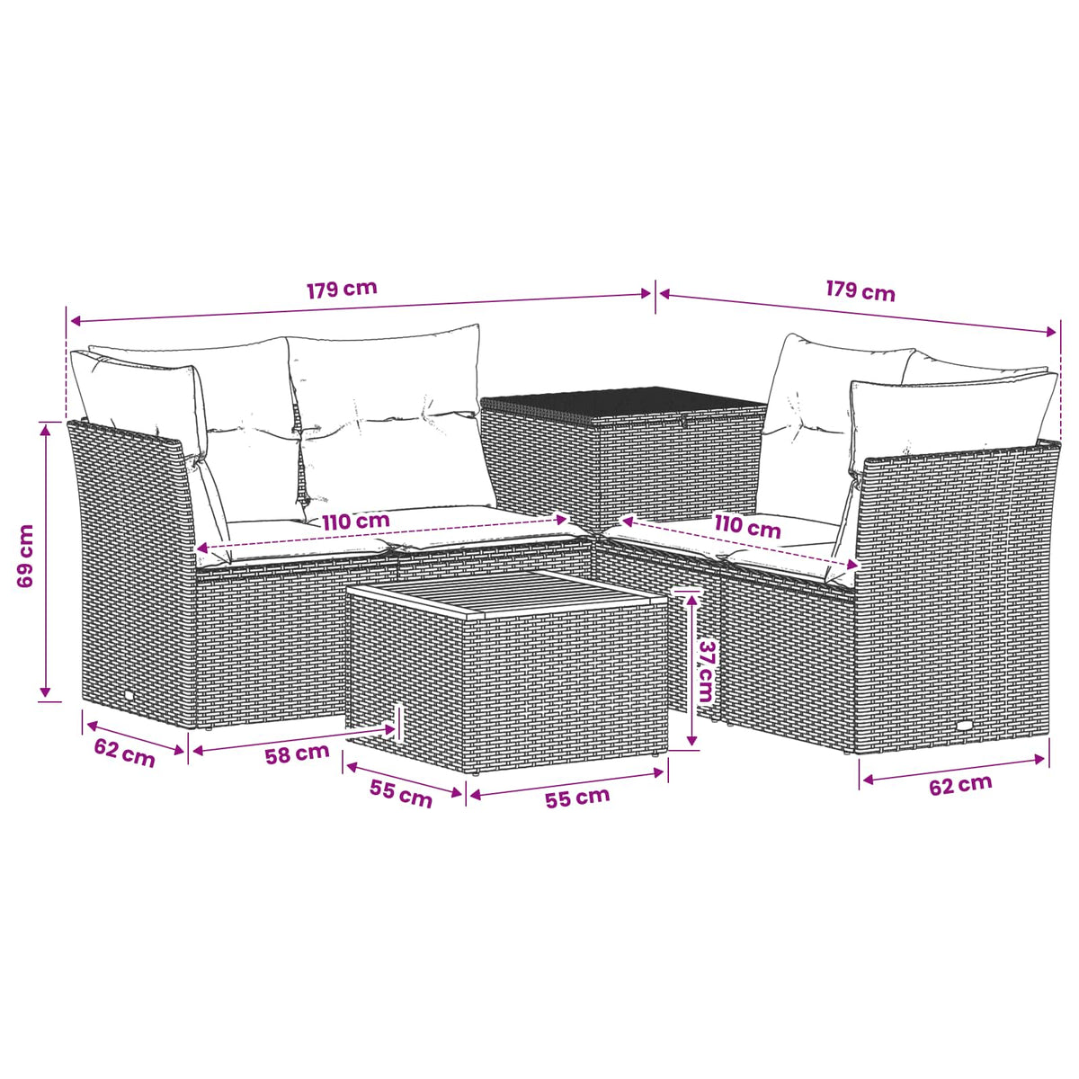 Set sofe 6 kom. Crna i Plava 55 x 55 x 37 cm