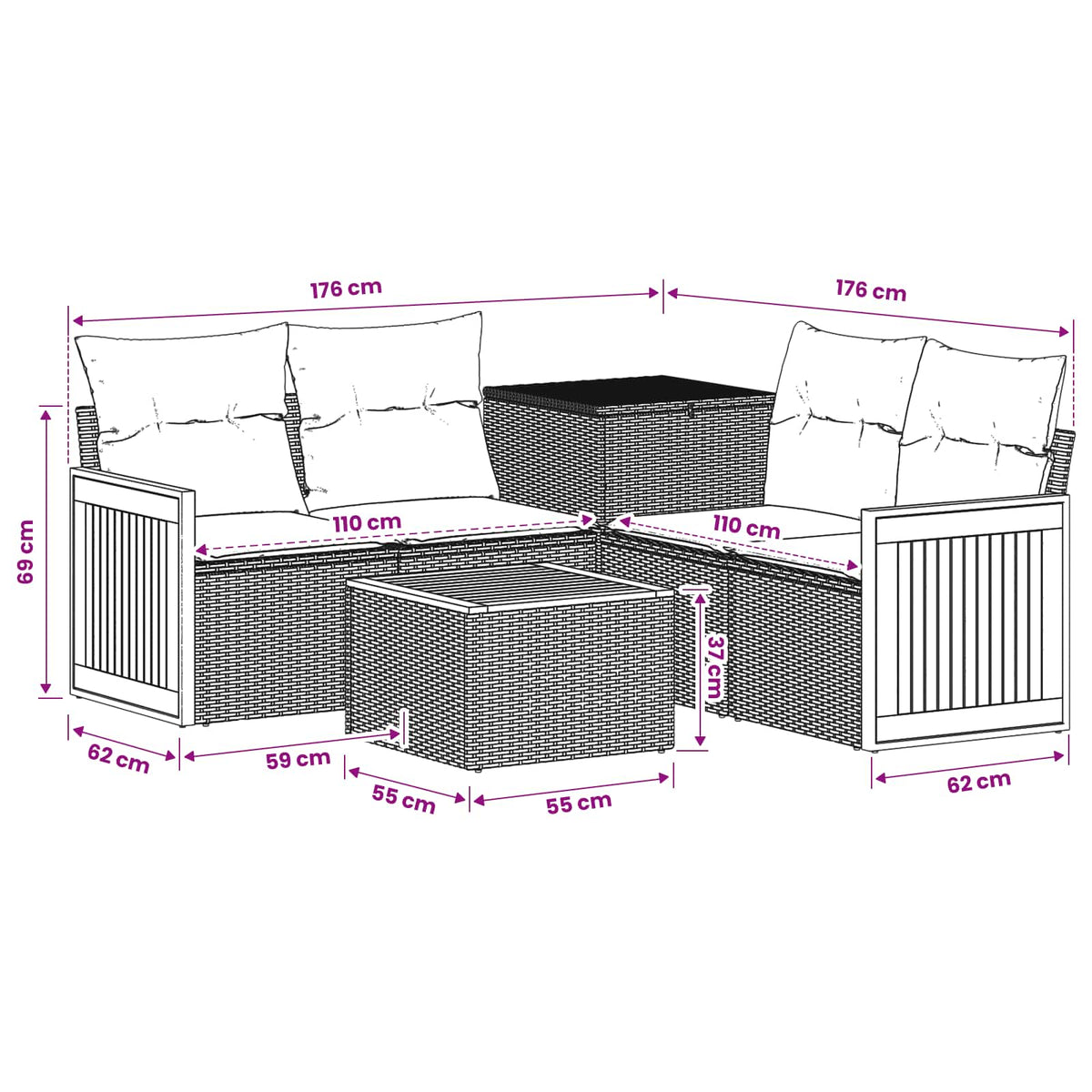 Set sofe 6 kom. Crna i Plava 55 x 55 x 37 cm