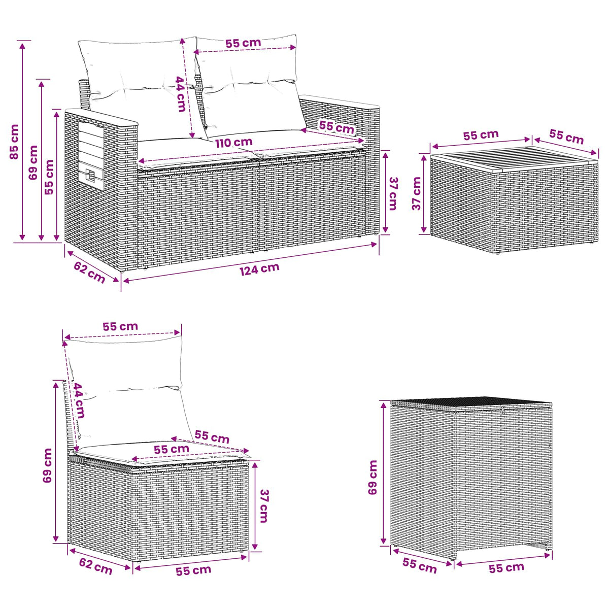 Set sofe 8 kom. Siva i tamnoplava 55 x 55 x 37 cm