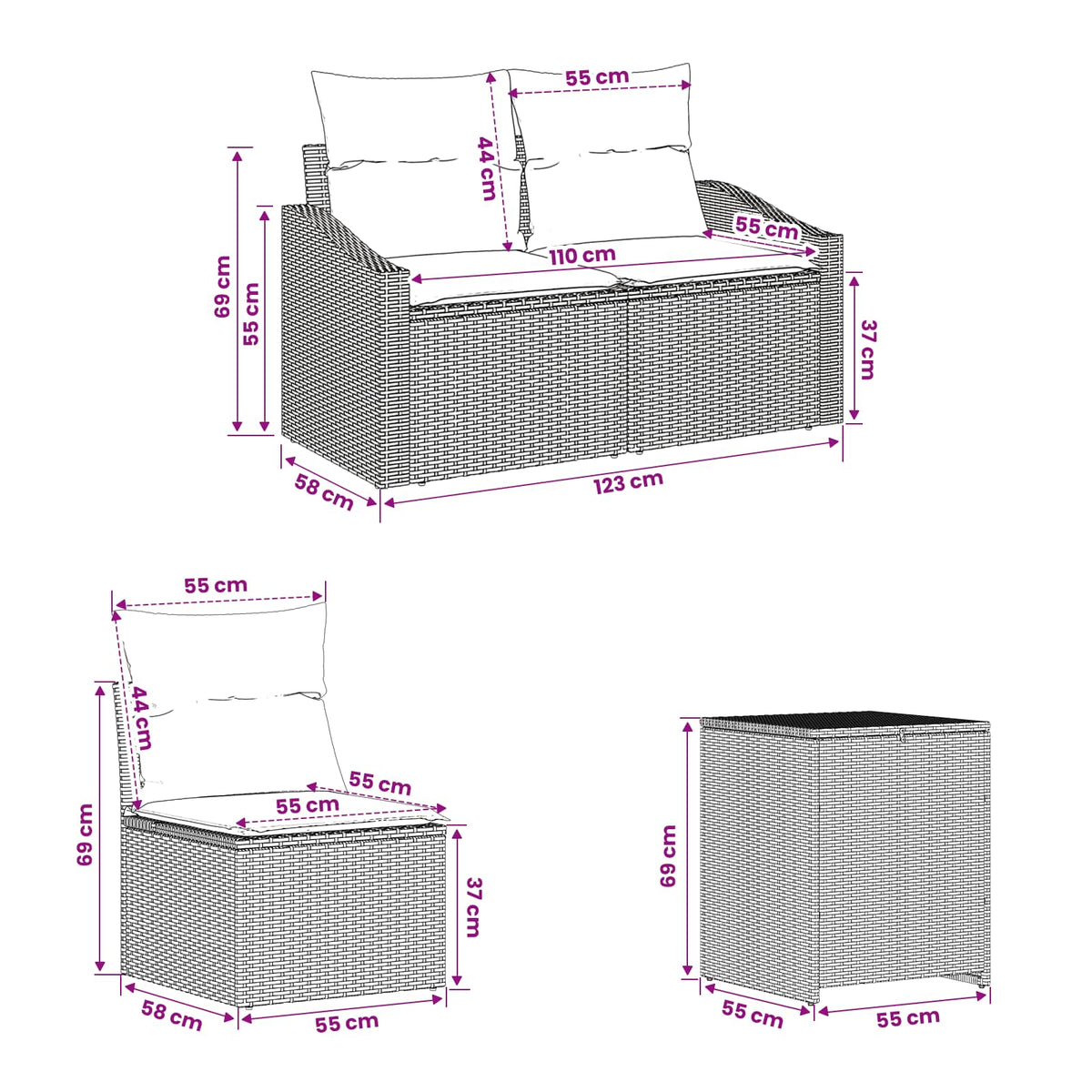 Set sofe 7 pcs Crna i Plava Poli Rattan i čelik