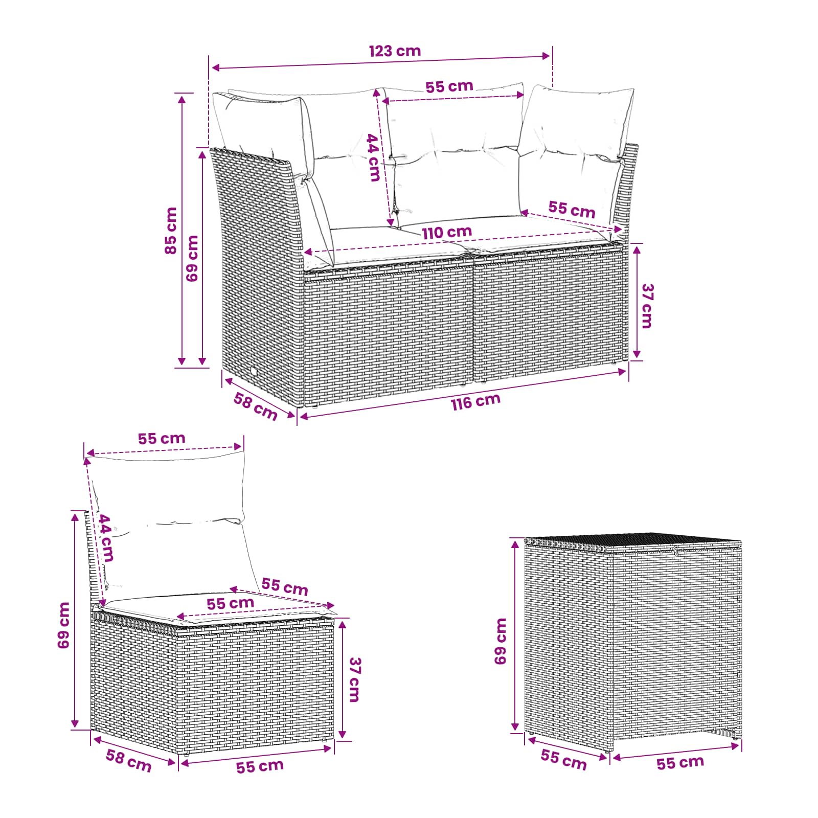 Set sofe 7 pcs Smeđa i krem bijela Poli Rattan i čelik