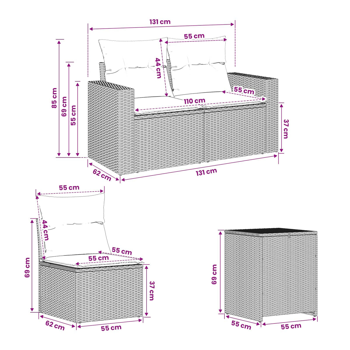 Set sofe 7 kom. Crna 55 x 55 x 69 cm Poli Rattan i čelik 237,5 x 237,5 x 85 cm