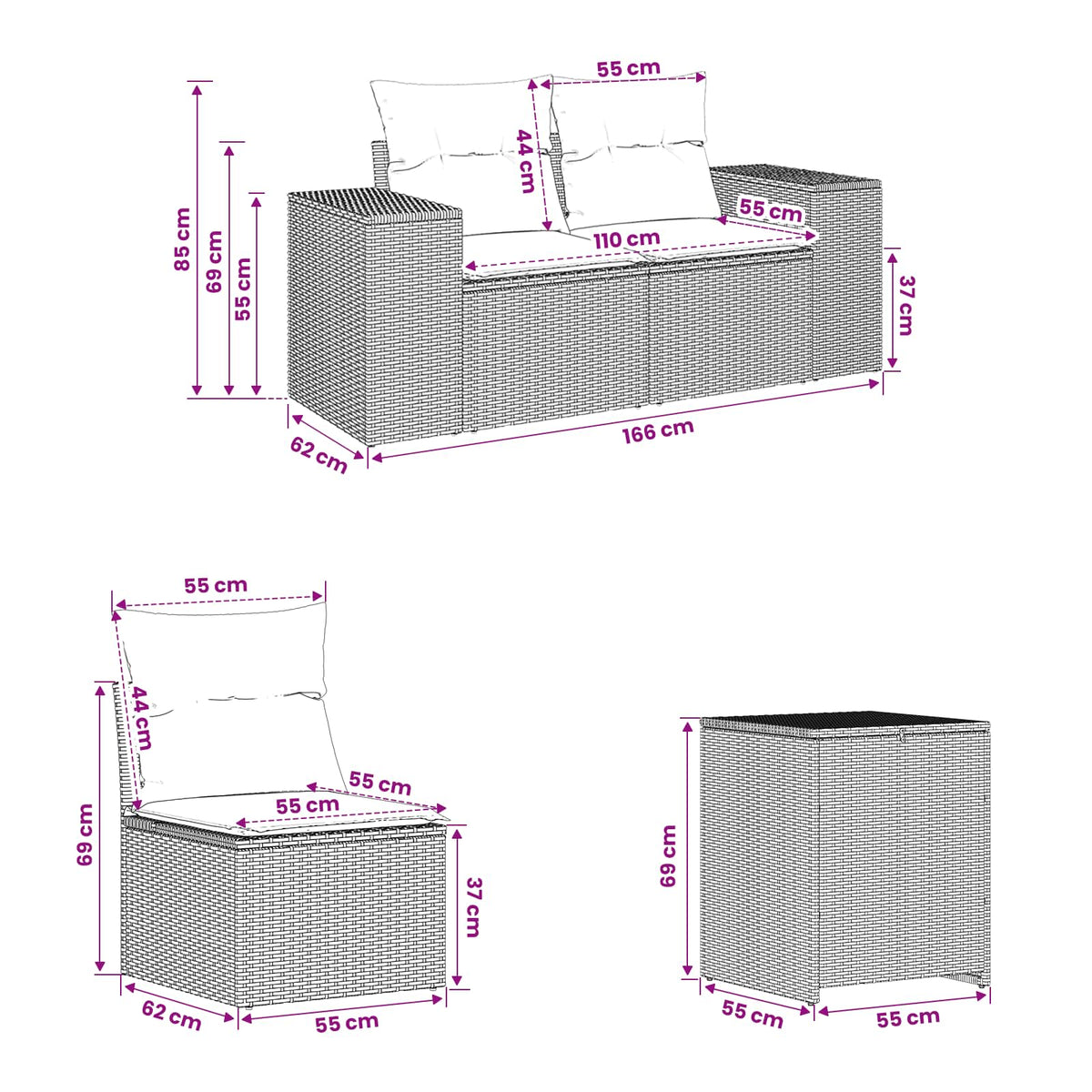 Set sofe 7 kom. Smeđa i krem bijela 55 x 55 x 69 cm 255 x 255 x 85 cm
