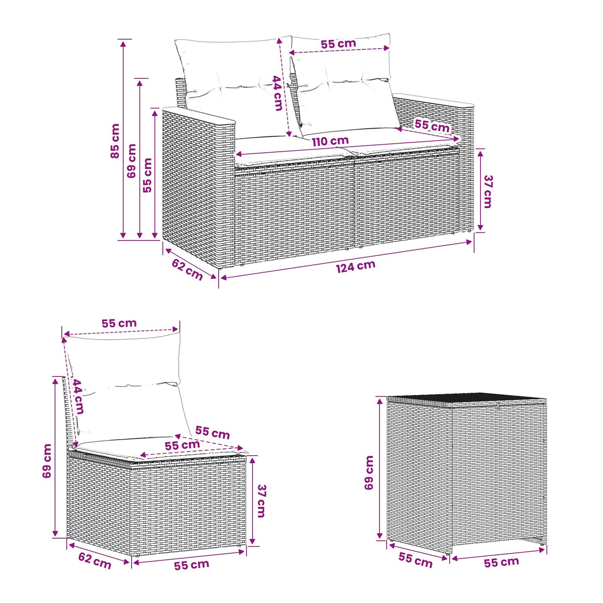Set sofe 7 kom. Crna i krem-bijela 123 x 62 x 69 cm