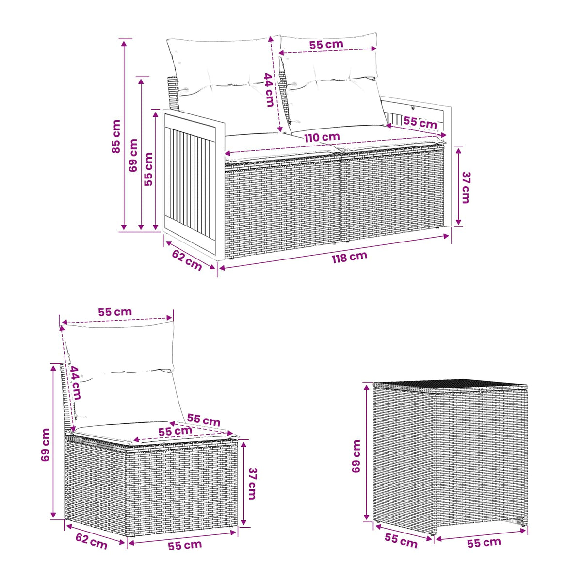 Set sofe 7 kom. Siva i tamnoplava 118 x 62 x 69 cm