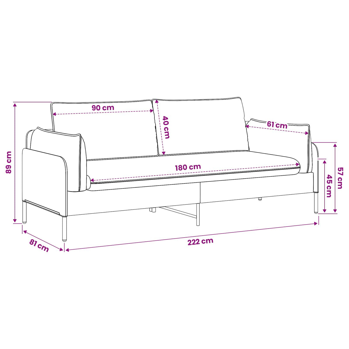 Sofa za 3 osobe Crna 222 x 81 x 89 cm Baršun
