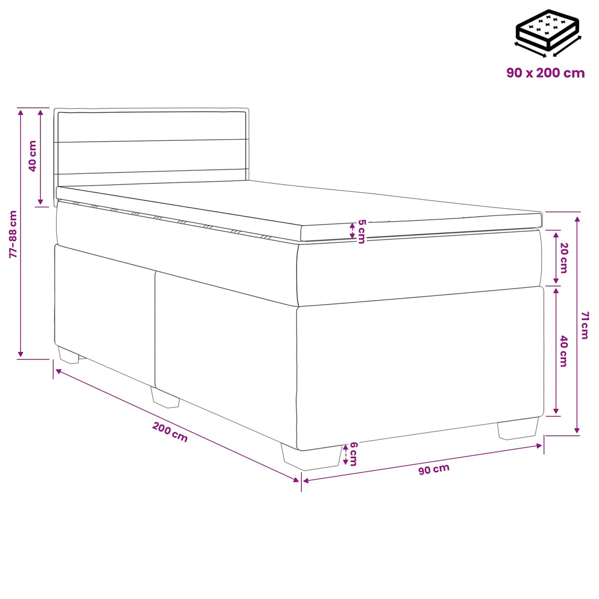 Boxspring krevet s madracem Tamnosiva 90 x 200 cm Tkanina