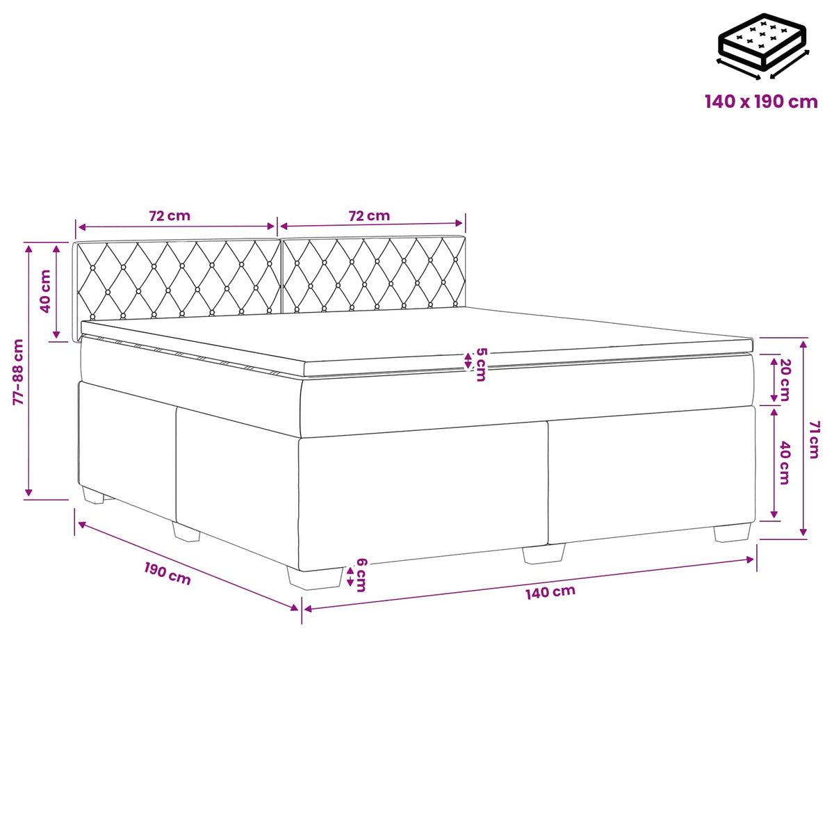 Boxspring krevet s madracem Tamnosiva 140 x 190 cm Baršun