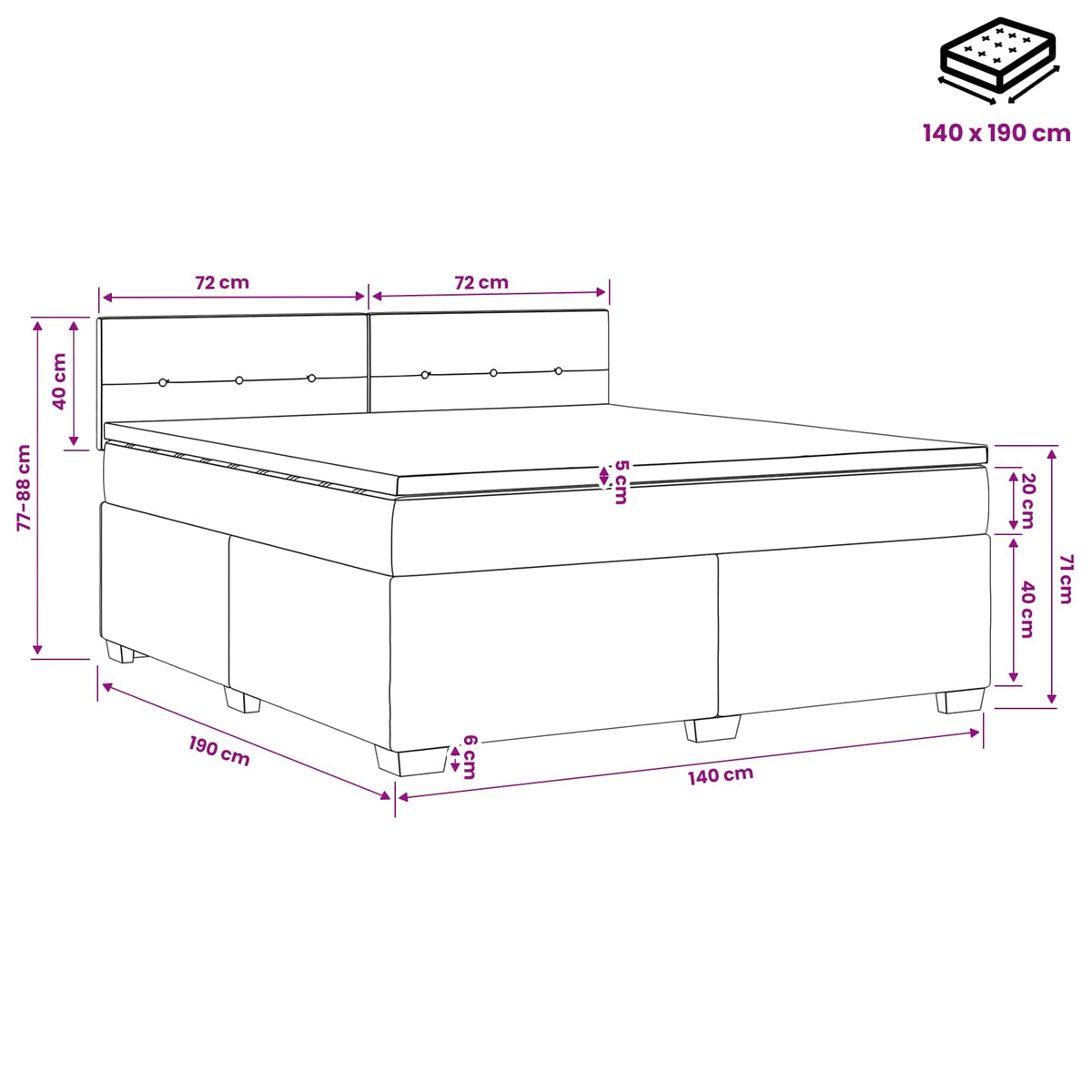 Boxspring krevet s madracem Crna 140 x 190 cm Baršun