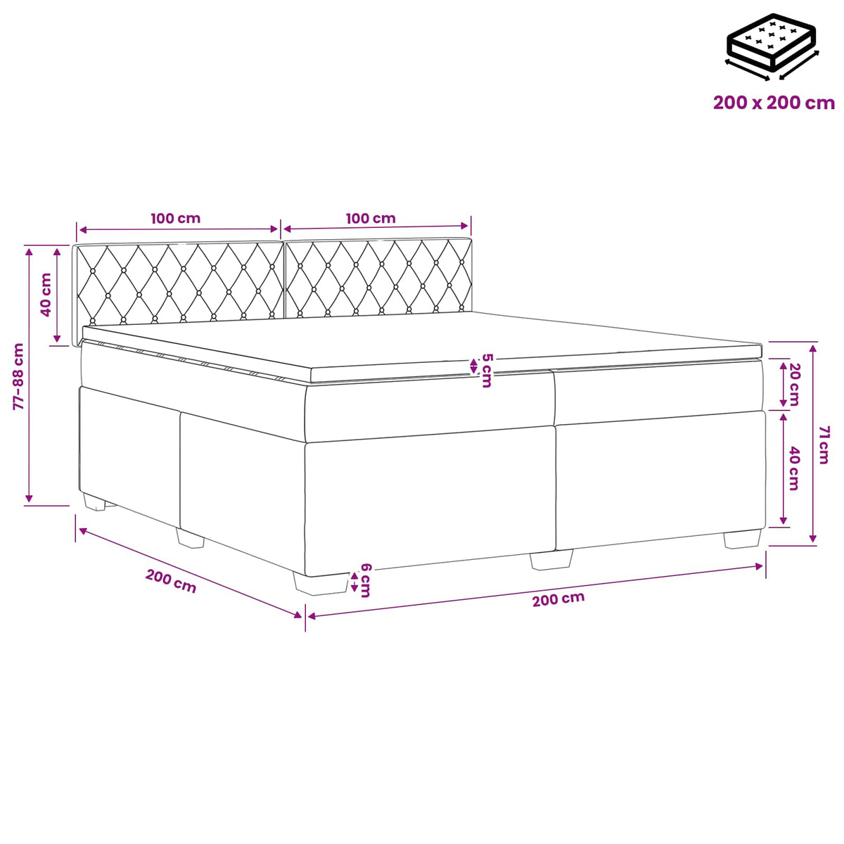Boxspring krevet s madracem Tamnosiva 200 x 200 cm Baršun