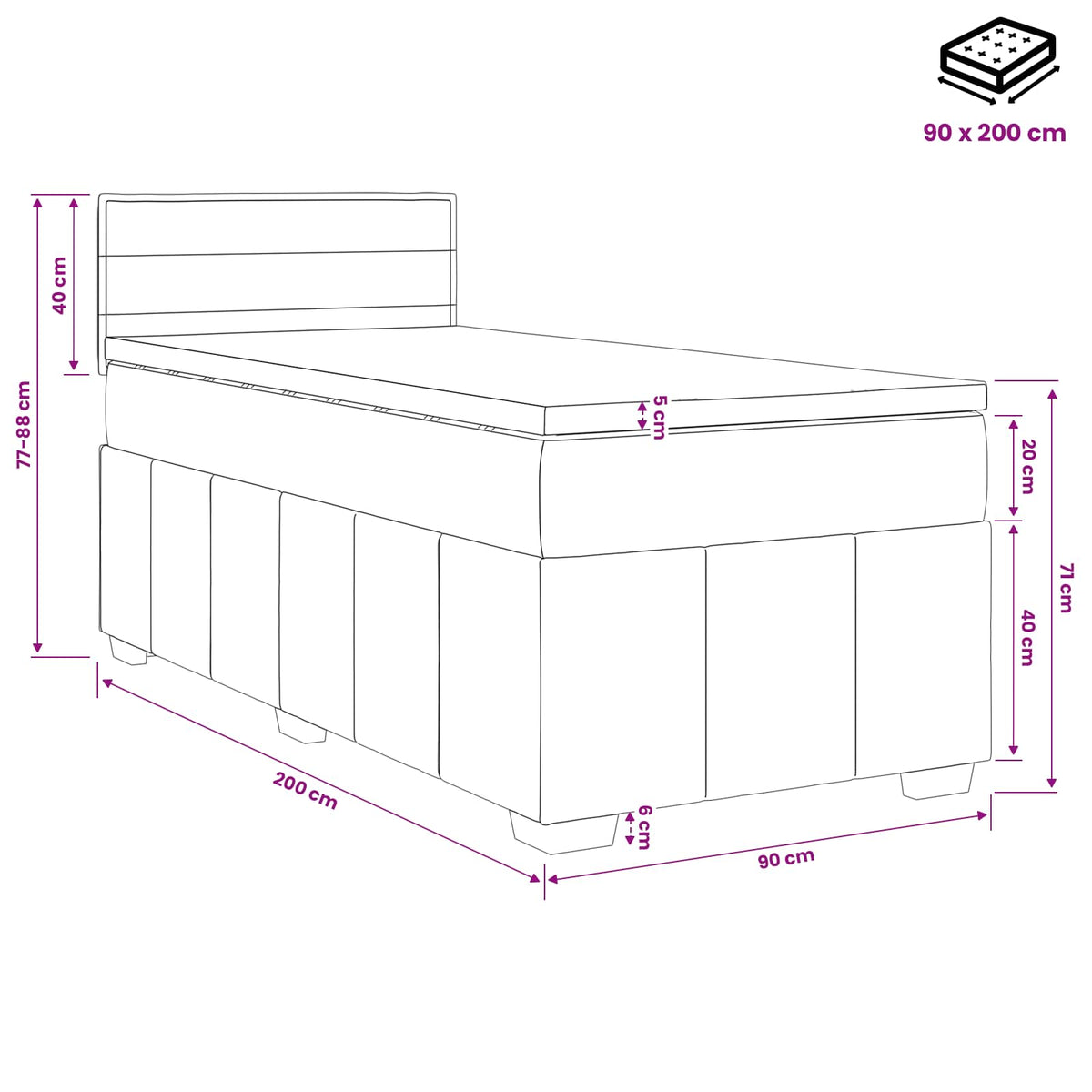 Boxspring krevet s madracem Crna 90 x 200 cm Tkanina