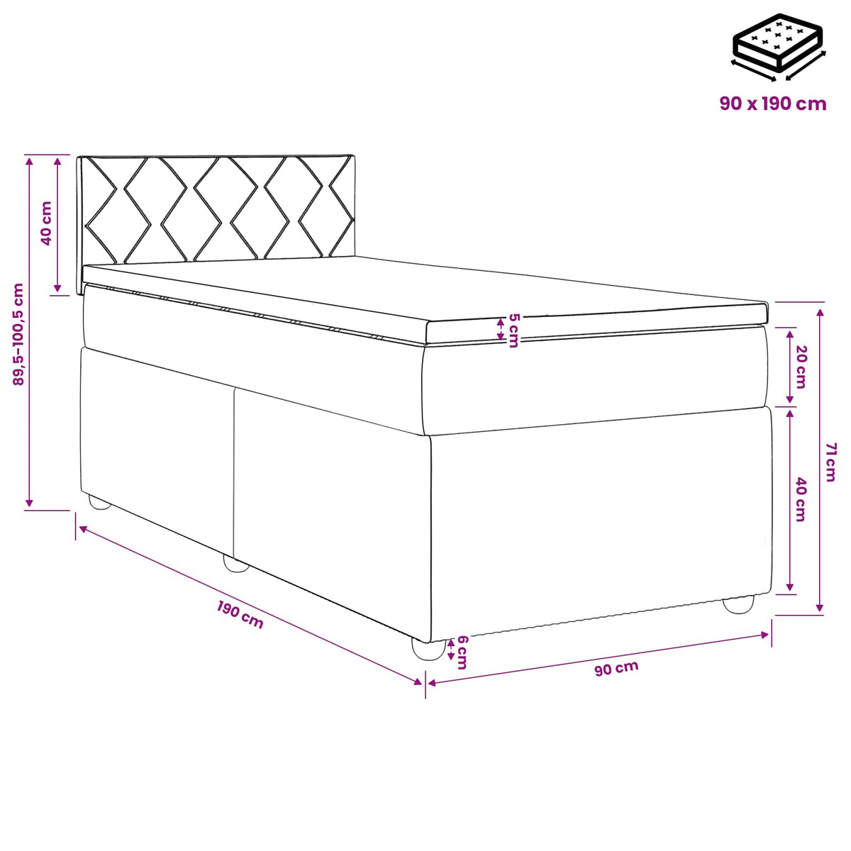 Boxspring krevet s madracem Tamnosiva 90 x 190 cm Tkanina 191 x 91.5 x 88 cm
