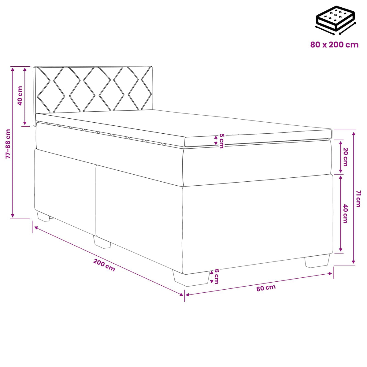 Krevet s box springom, madracem i LED-om Crna 90 x 200 cm