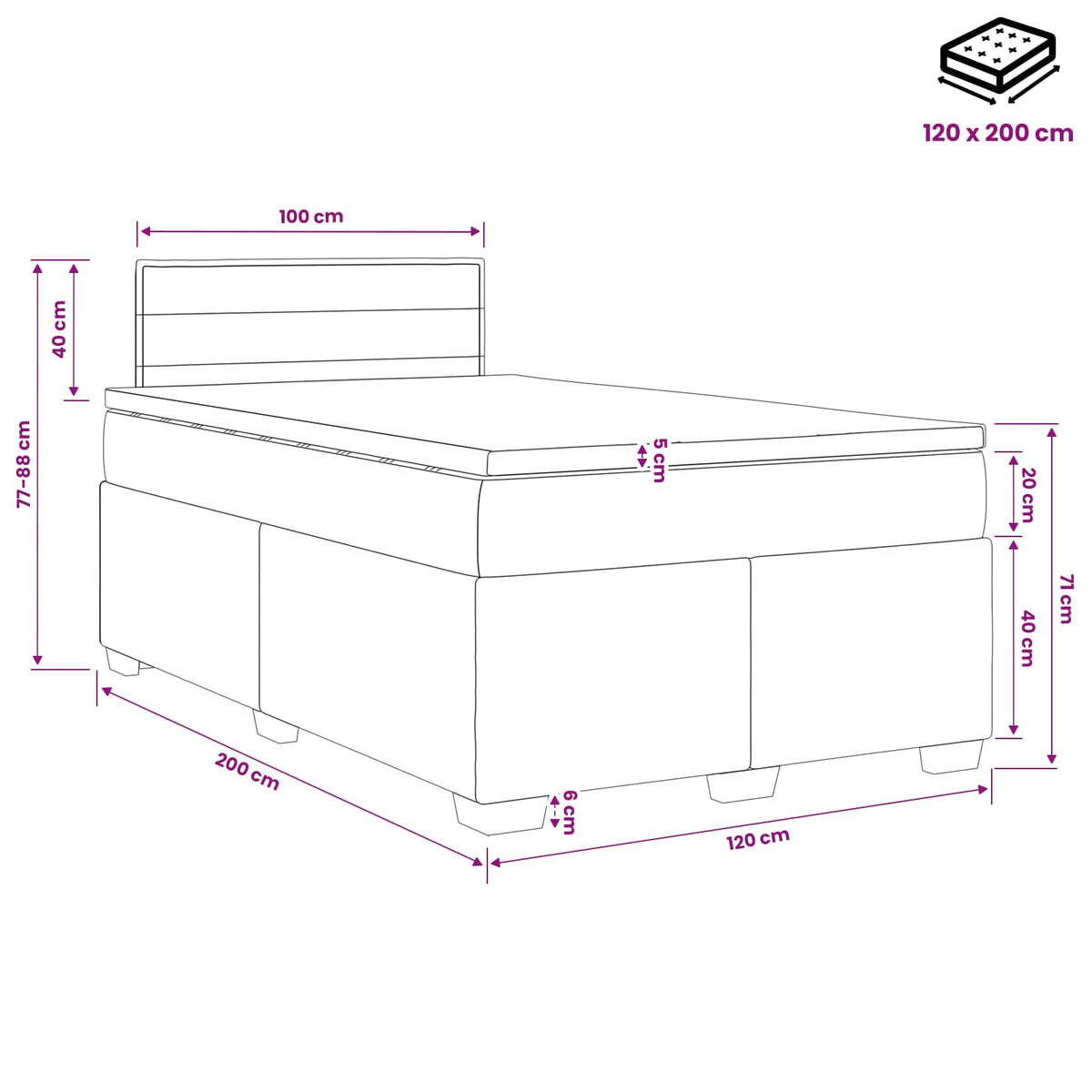 Krevet s box springom, madracem i LED-om Krem 120 x 200 cm