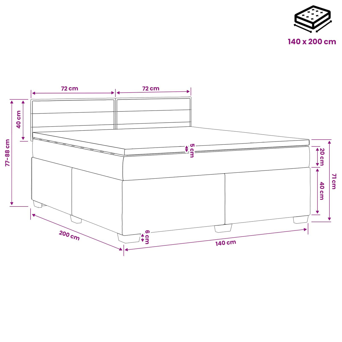 Krevet s box springom, madracem i LED-om Crna 140 x 200 cm