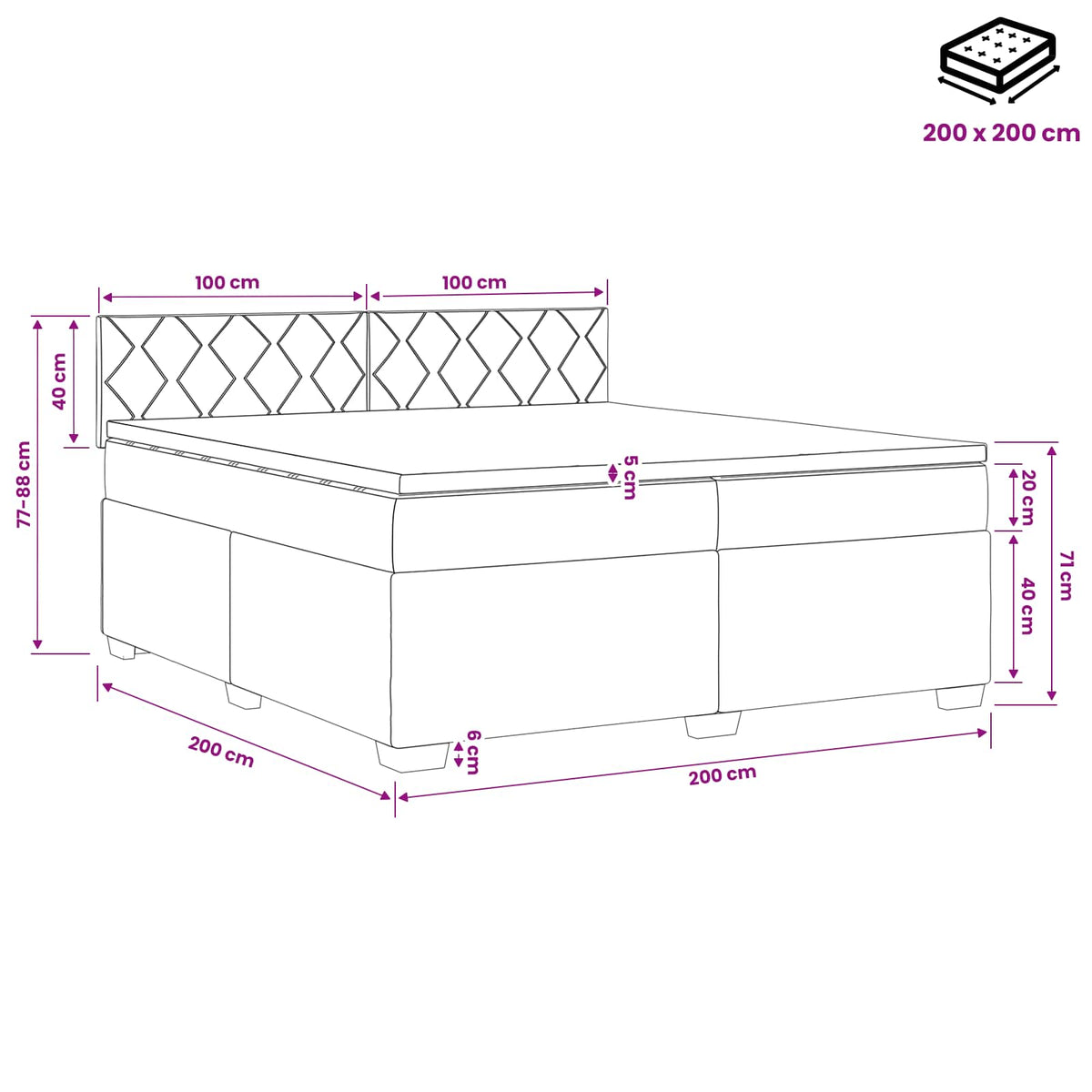 Krevet s box springom, madracem i LED-om Krem 200 x 200 cm