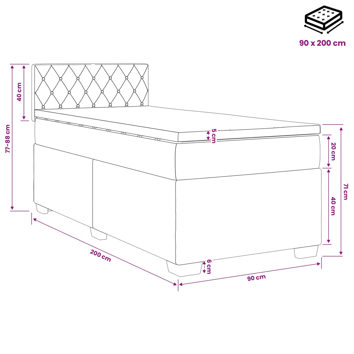 Krevet s box springom, madracem i LED-om Plava 90 x 200 cm