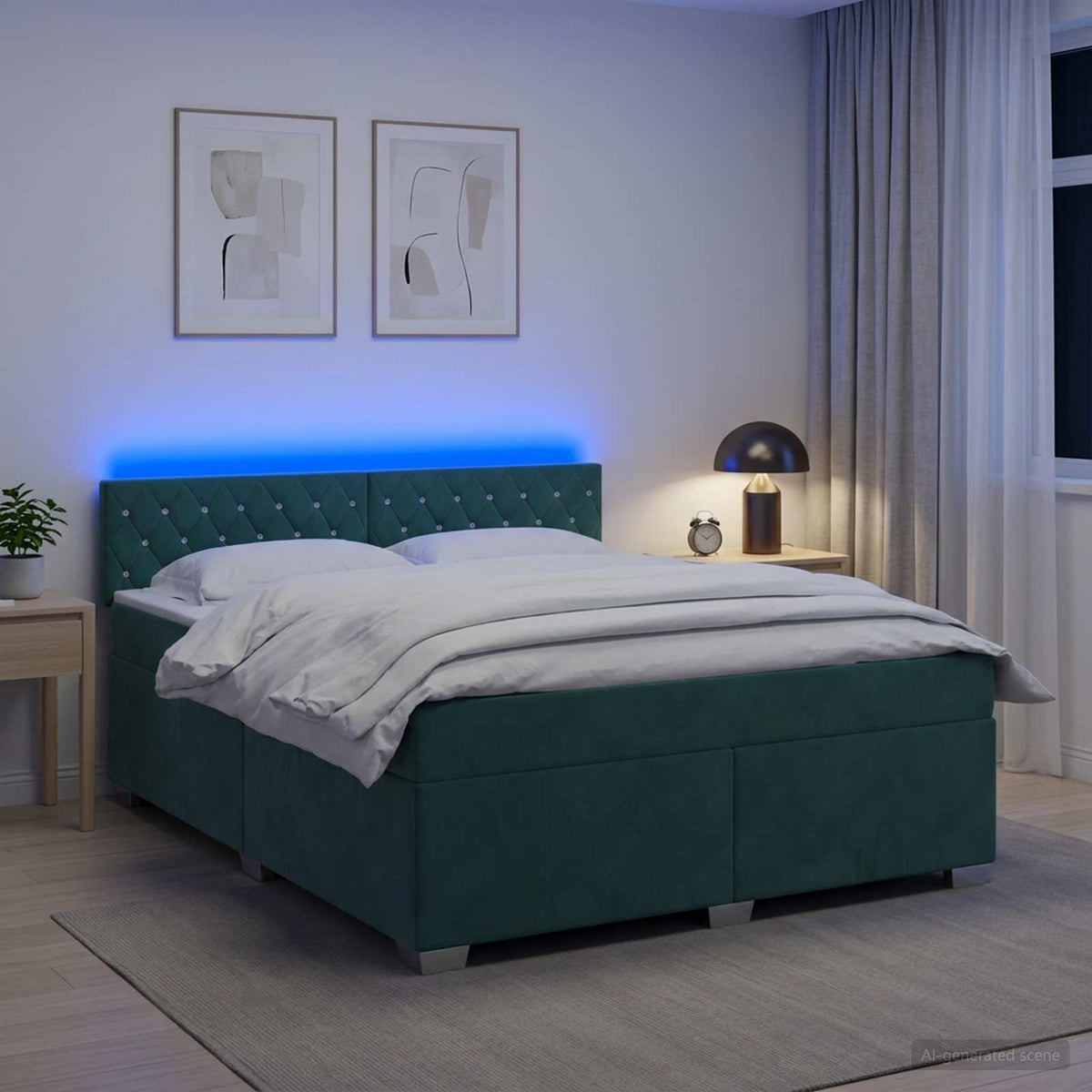 Krevet s box springom, madracem i LED-om Tamnozelena Baršun