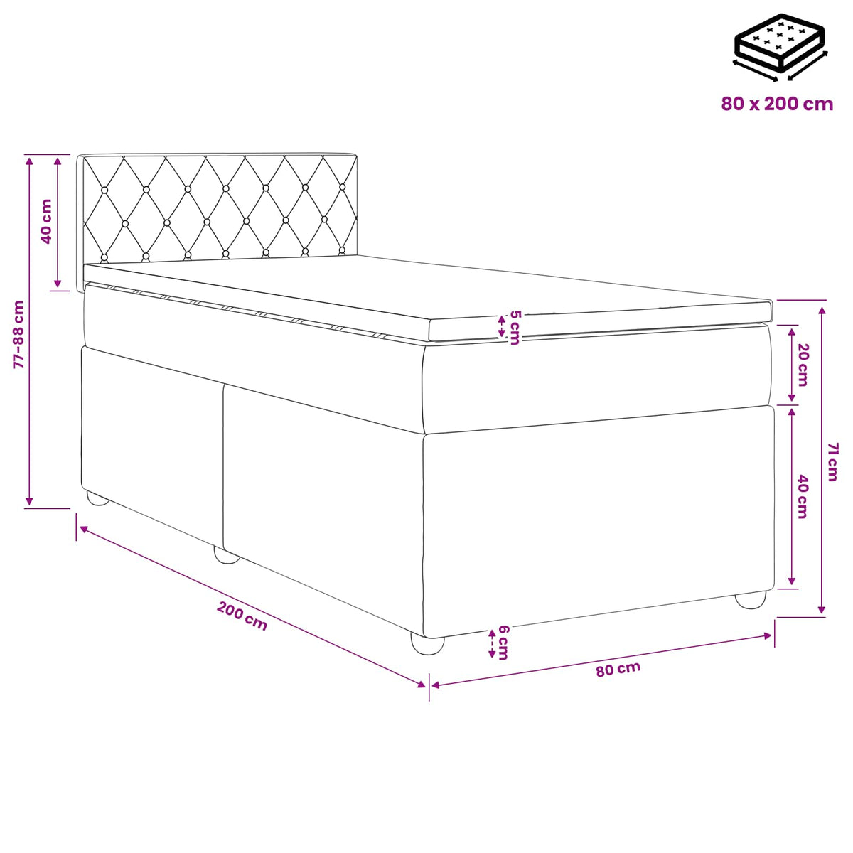 Boxspring krevet s madracem Plava 80 x 200 cm Baršun