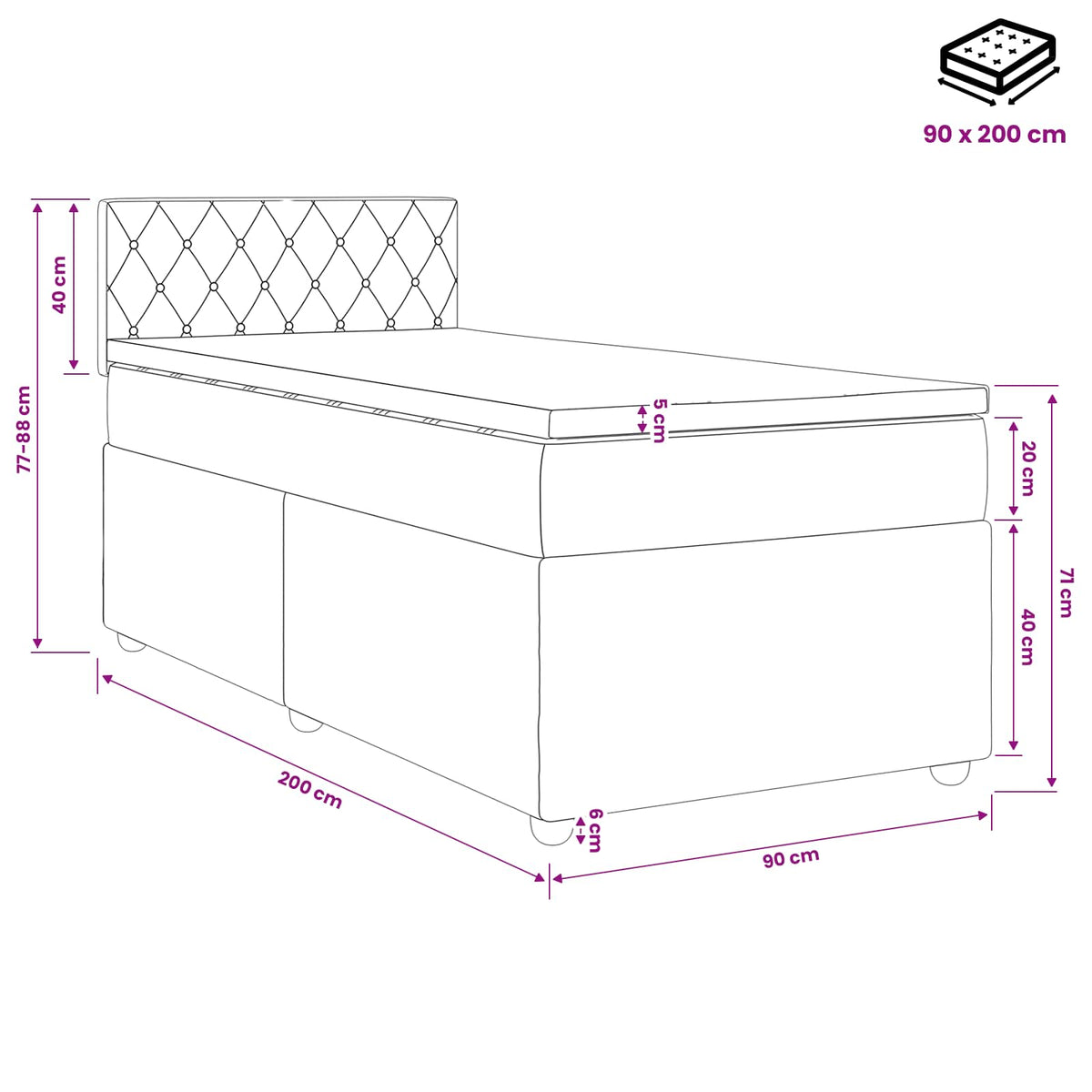 Boxspring krevet s madracem Tamnosiva 90 x 200 cm Baršun
