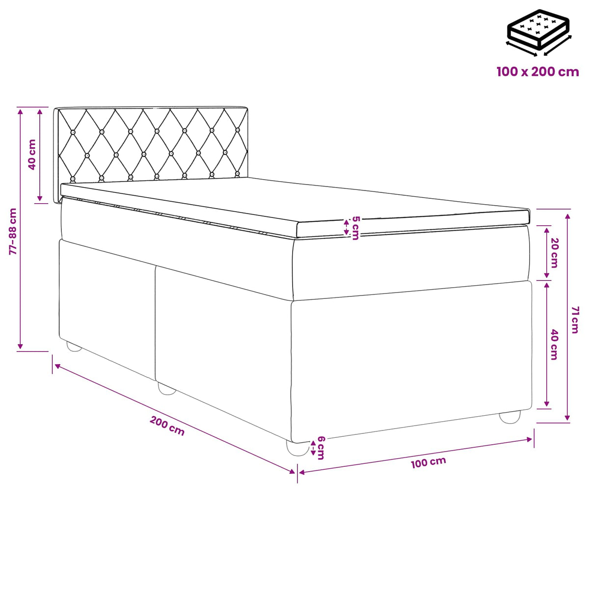 Boxspring krevet s madracem Tamnosiva 100 x 200 cm Baršun