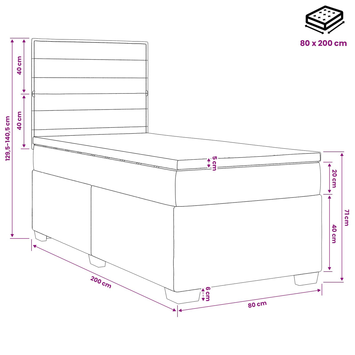 Boxspring krevet s madracem Crna 80 x 200 cm Tkanina 200 x 80 x 140.5 cm