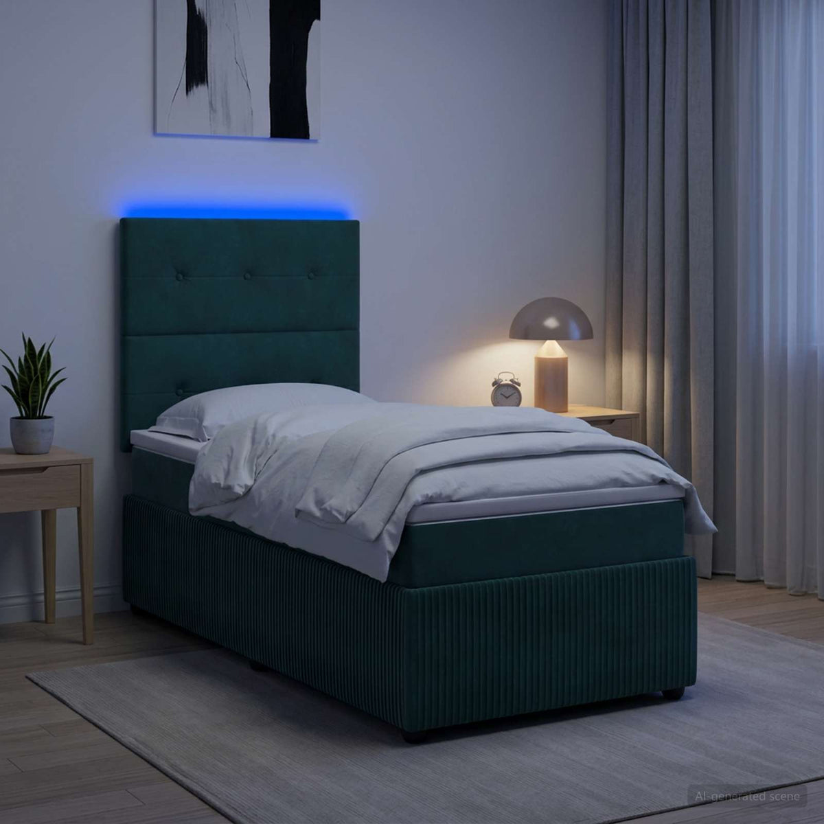 LED okvir za krevet s madracem Tamnozelena 90 x 200 cm Baršun