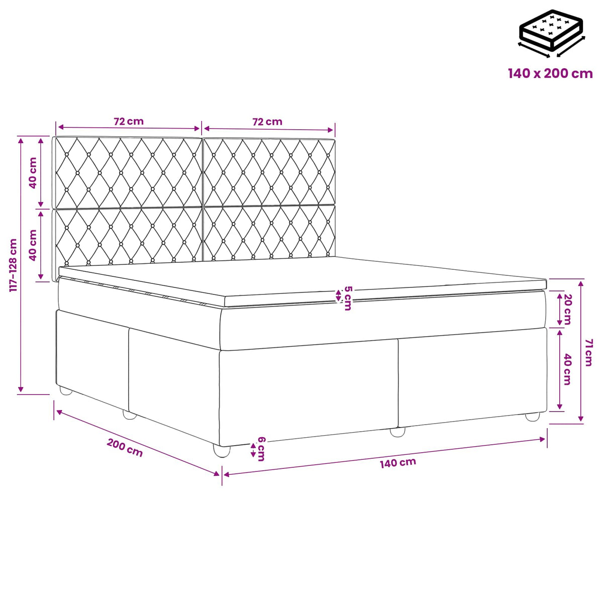 LED okvir za krevet s madracem Plava 140 x 200 cm Baršun
