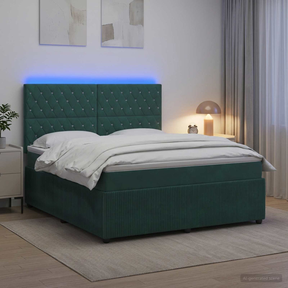 LED okvir za krevet s madracem Tamnozelena 160 x 200 cm Baršun