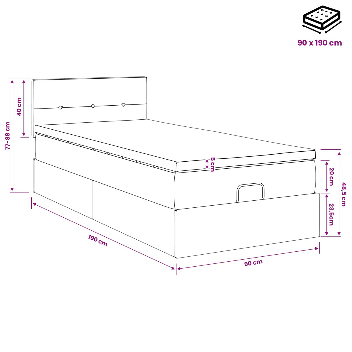 Podesivi krevet s madracem Crna 90 x 190 cm Tkanina