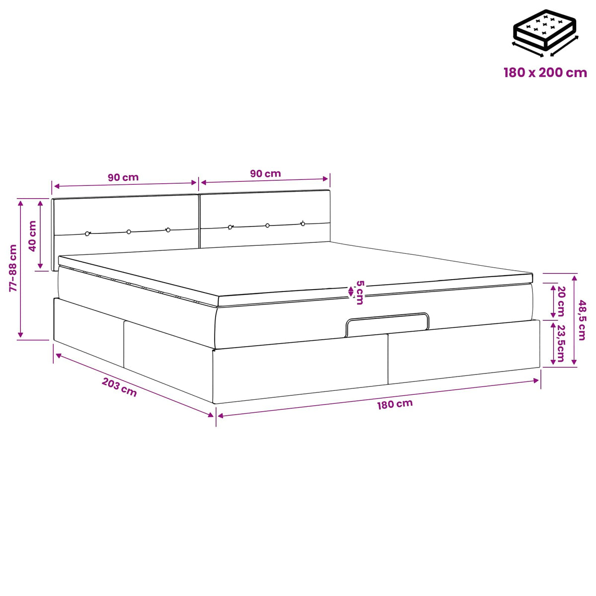 Podesivi krevet s madracem Crna 180 x 200 cm Tkanina