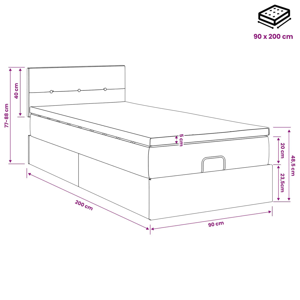 Krevet od pjene s madracem i LED-om Krem 90 x 200 cm Tkanina