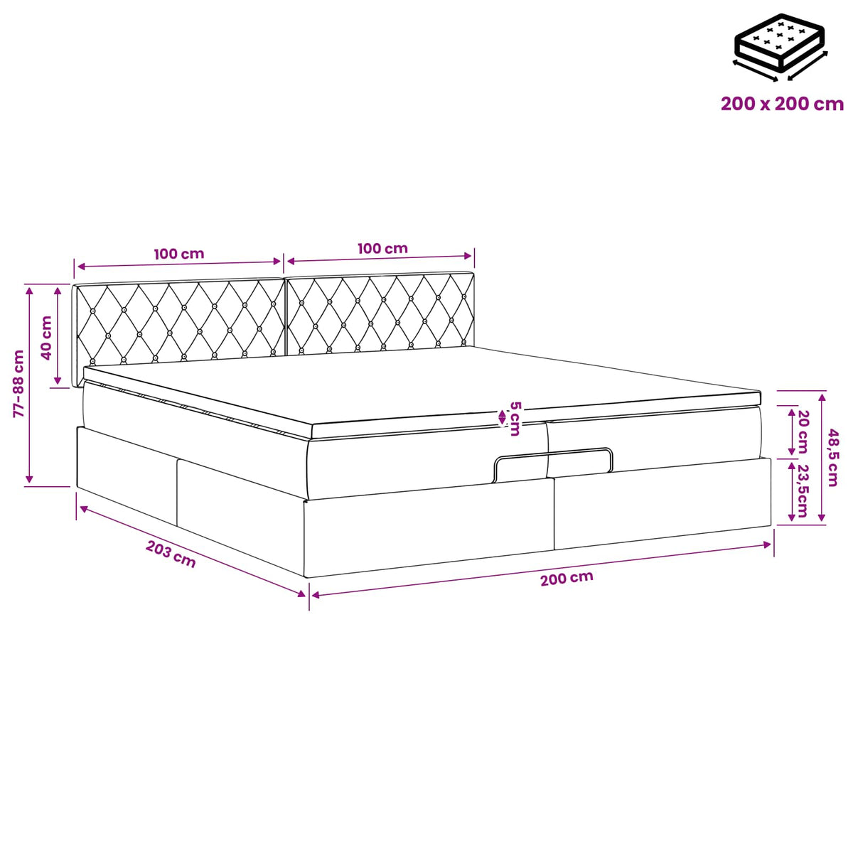 Krevet od pjene s madracem i LED-om Crna 200 x 200 cm Baršun