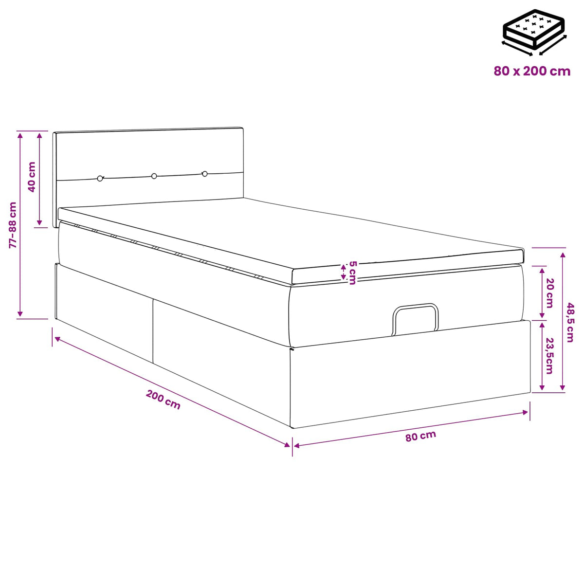 Krevet od pjene s madracem i LED-om Crna 80 x 200 cm Baršun