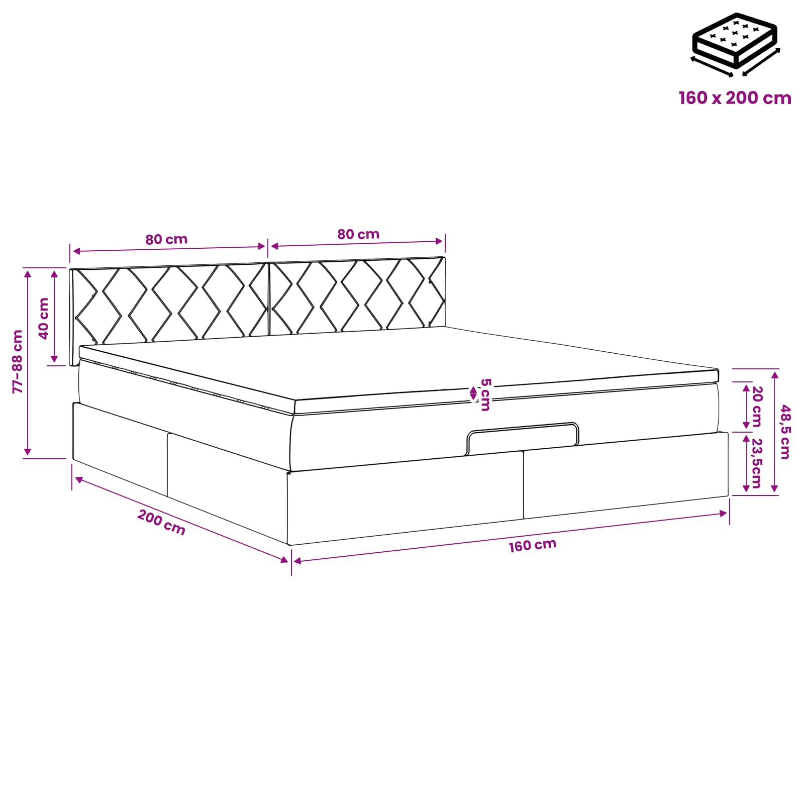 Krevet od pjene s madracem i LED-om Crna 160 x 200 cm Baršun