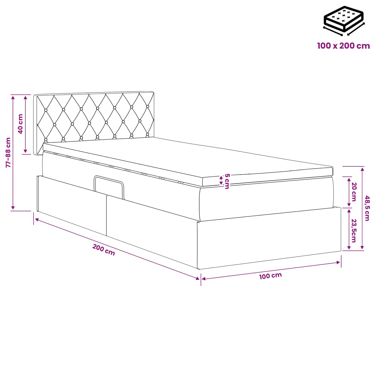 Krevet s od storage s uzglavljem Tamnosiva 100 x 200 cm Baršun