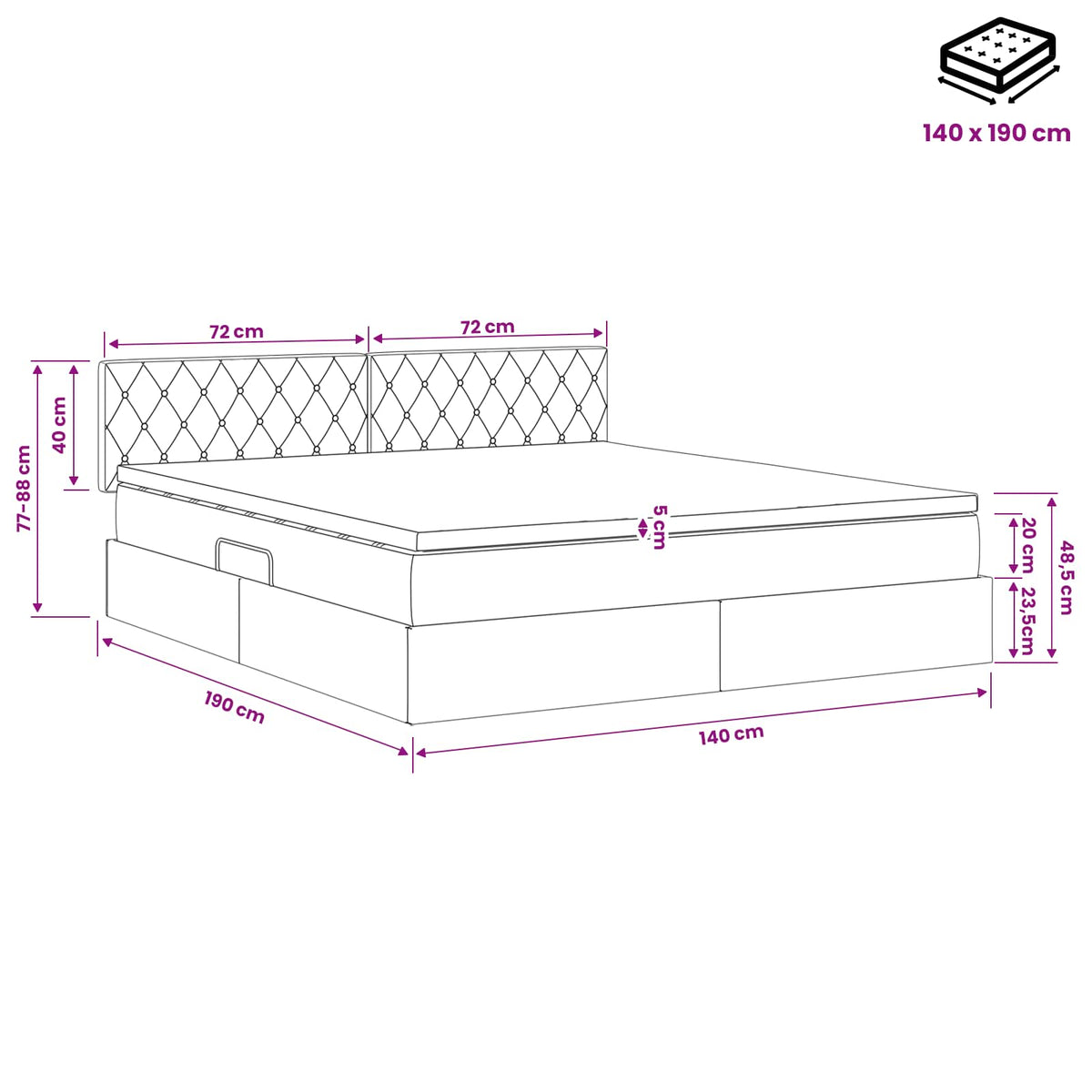 Krevet s od storage Svjetlosiva 140 x 190 cm Baršun