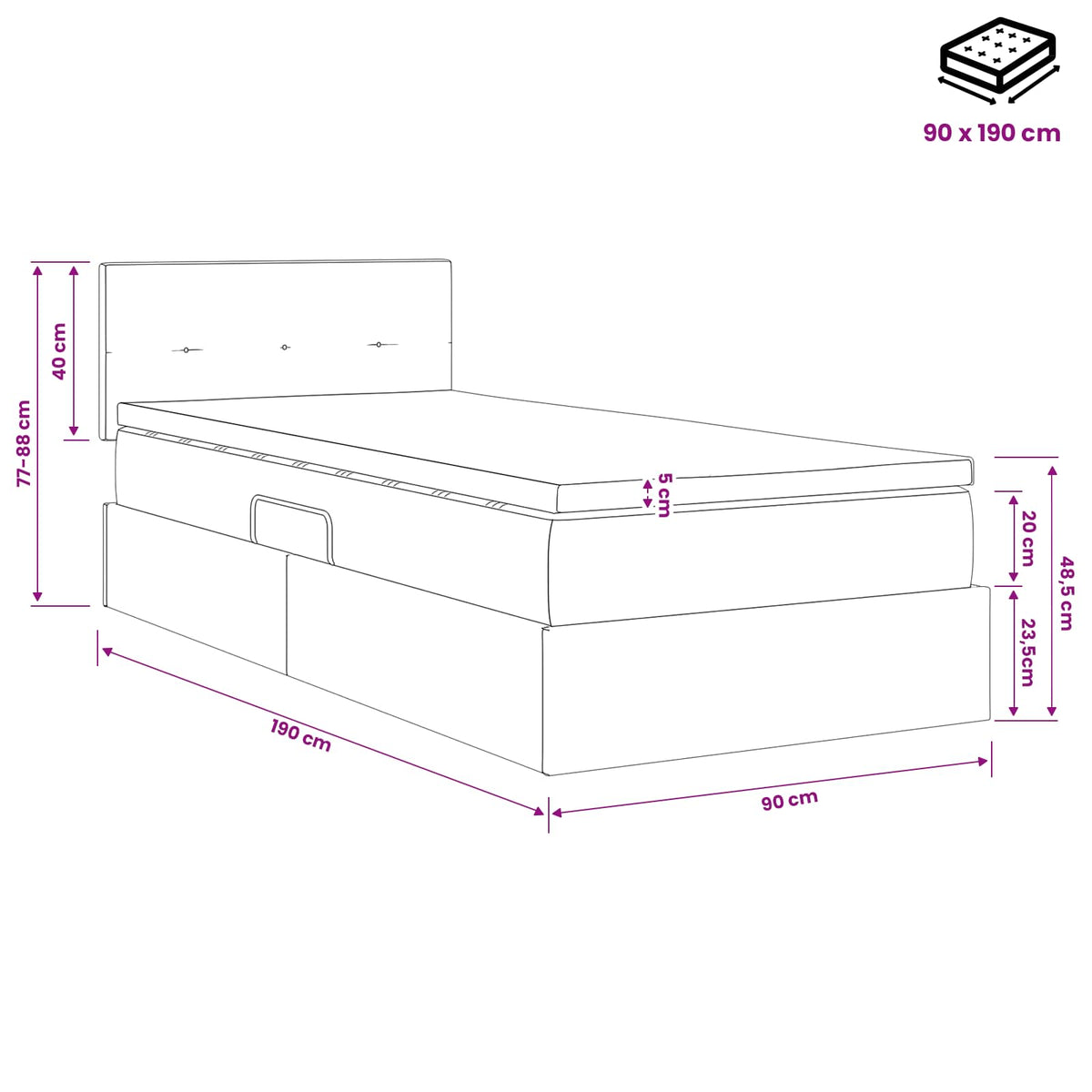 LED krevet za pohranu s madracem Crna 90 x 190 cm Tkanina