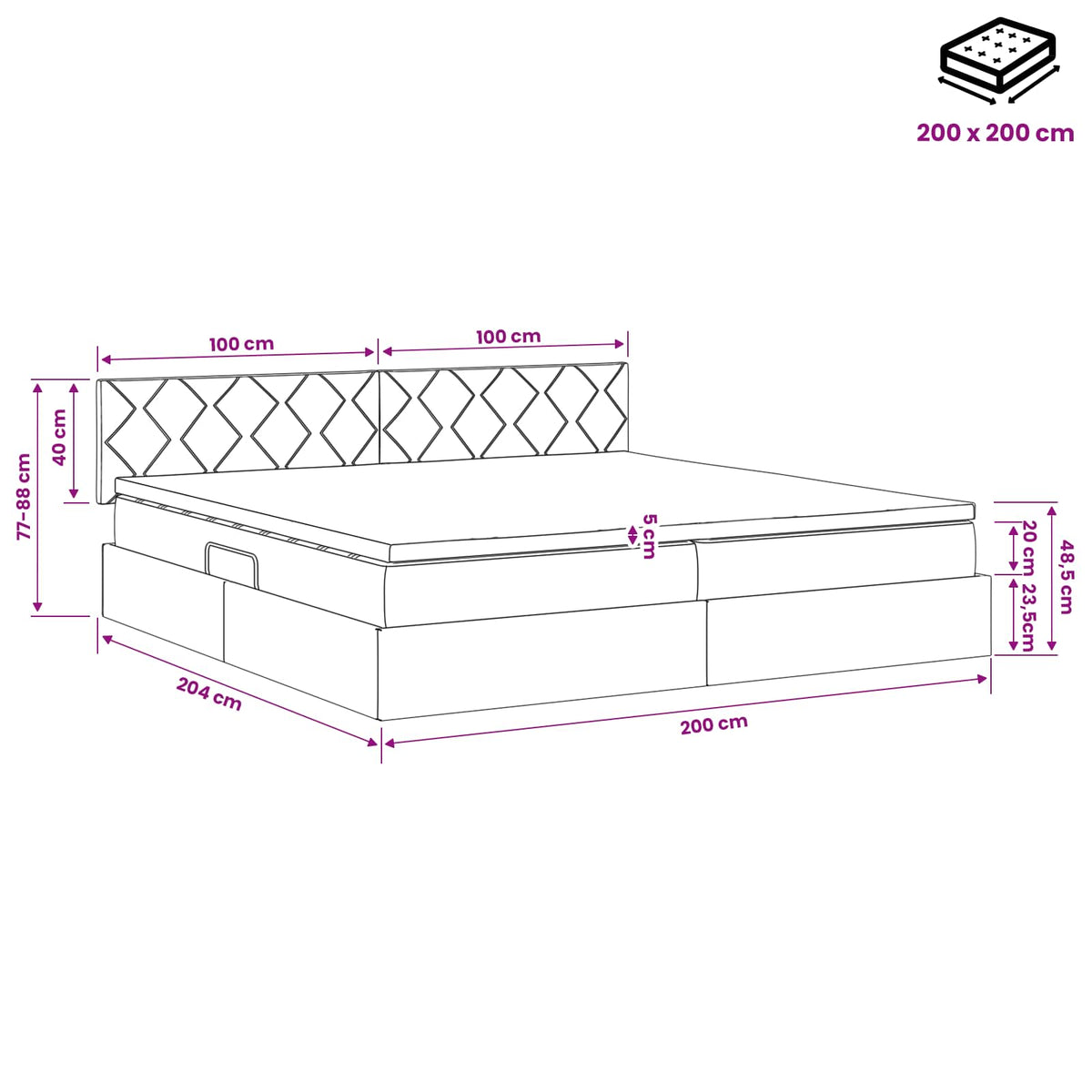 LED krevet za pohranu s madracem Tamnosiva 200 x 200 cm Tkanina
