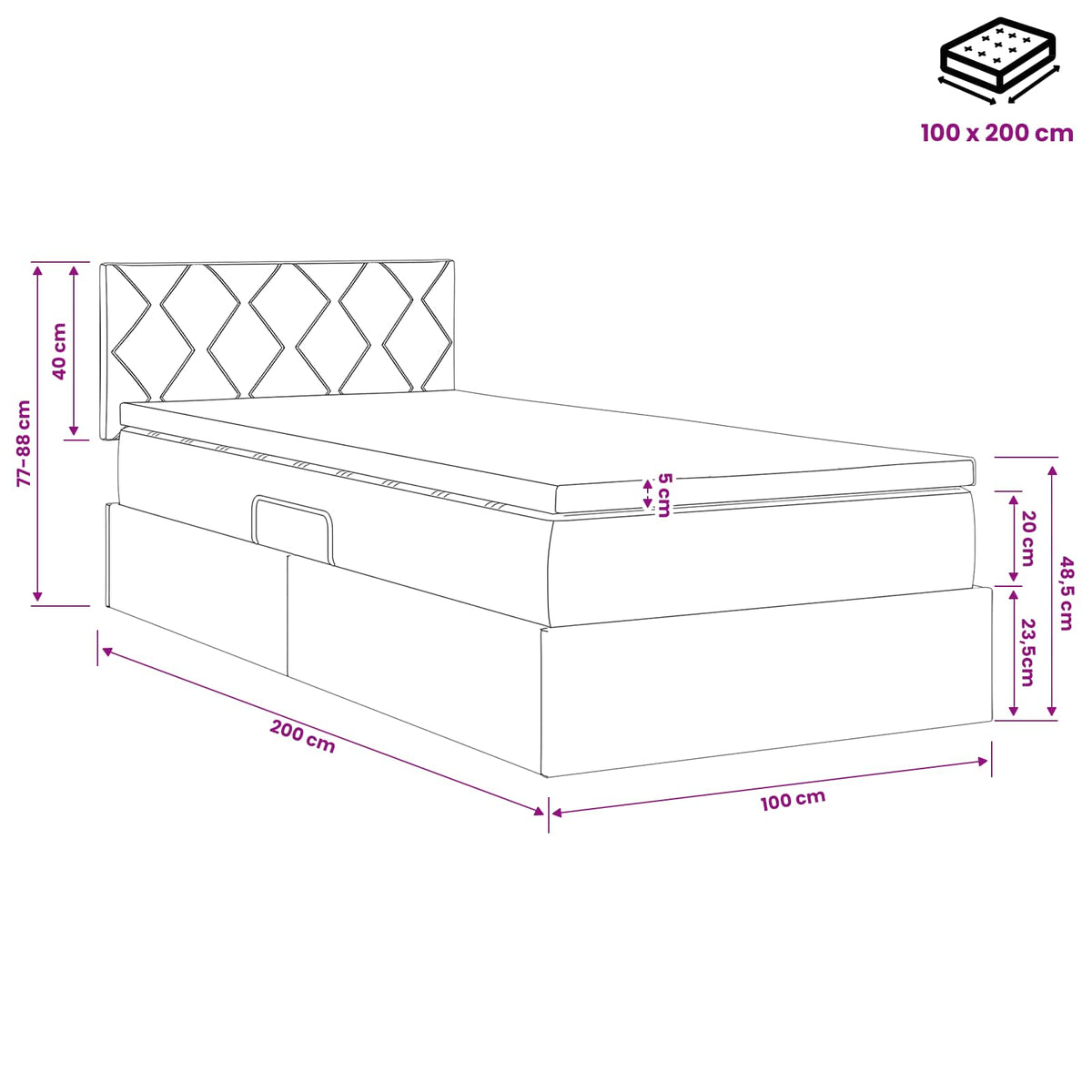 LED krevet za pohranu s madracem Tamnosiva 100 x 200 cm Baršun