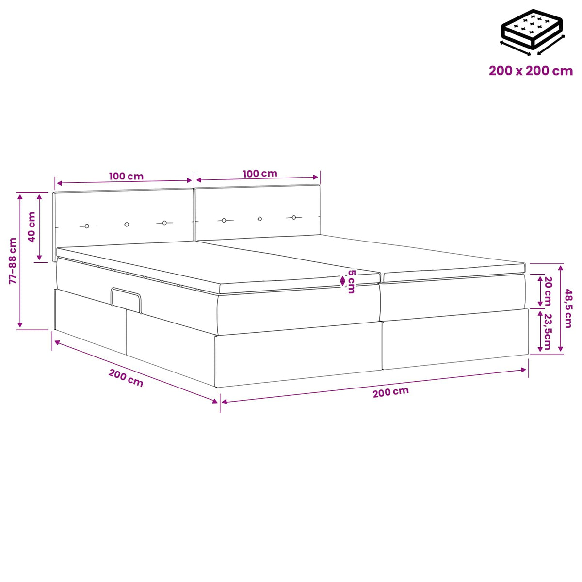 LED krevet za pohranu s madracem Svjetlosiva 200 x 200 cm