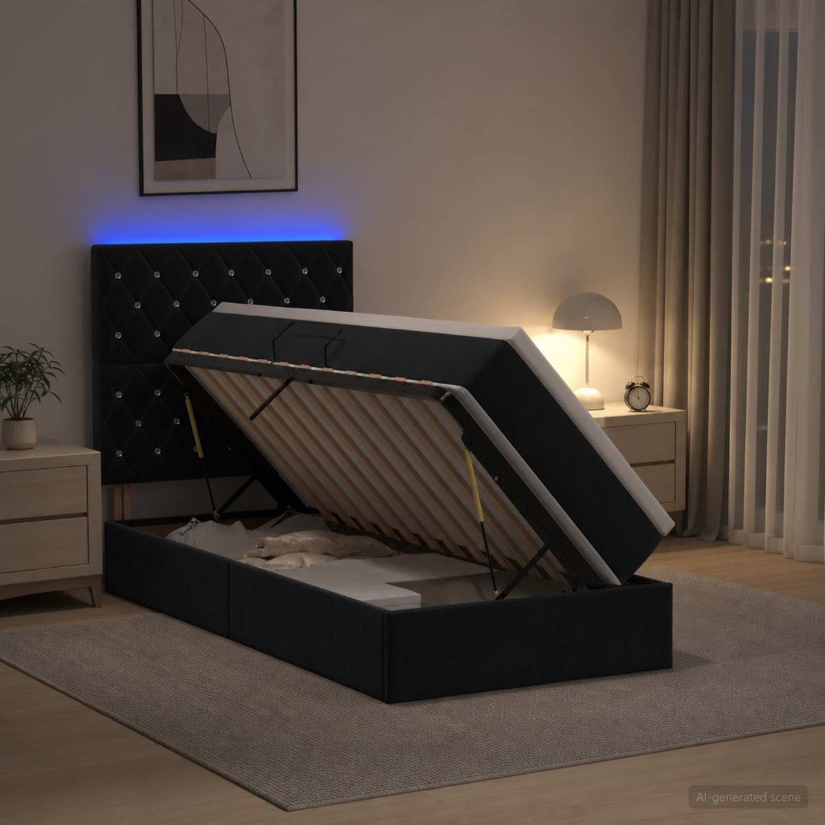 LED krevet za pohranu s madracem Crna 90 x 190 cm Baršun